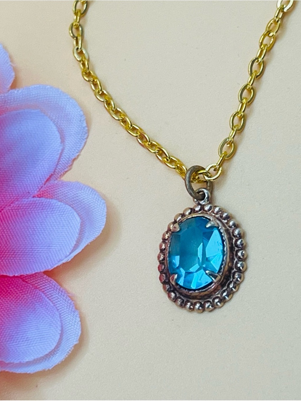 Gold Chain Necklace with Blue Oval Crystal Pendant